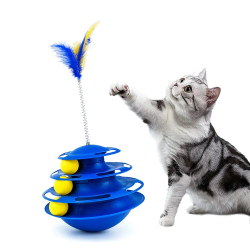 Cat teaser wand toy with blue spiral bell body, wire wand, and flutter feather