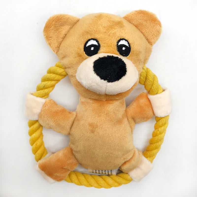 Tan plush bear rope chew toy with braided rope ring