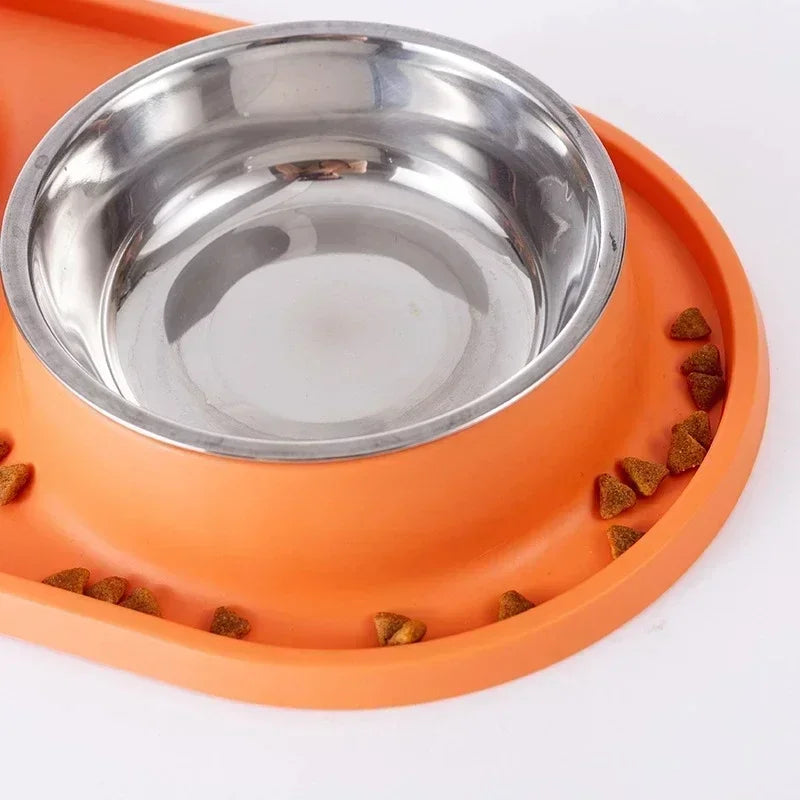 Stainless Steel Dog Double Bowl with Anti-Choking Silicone Mat