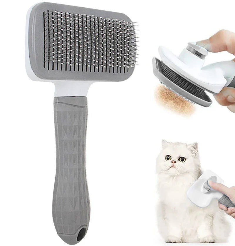 Gray pet grooming comb brush with long stainless teeth and grippy handle