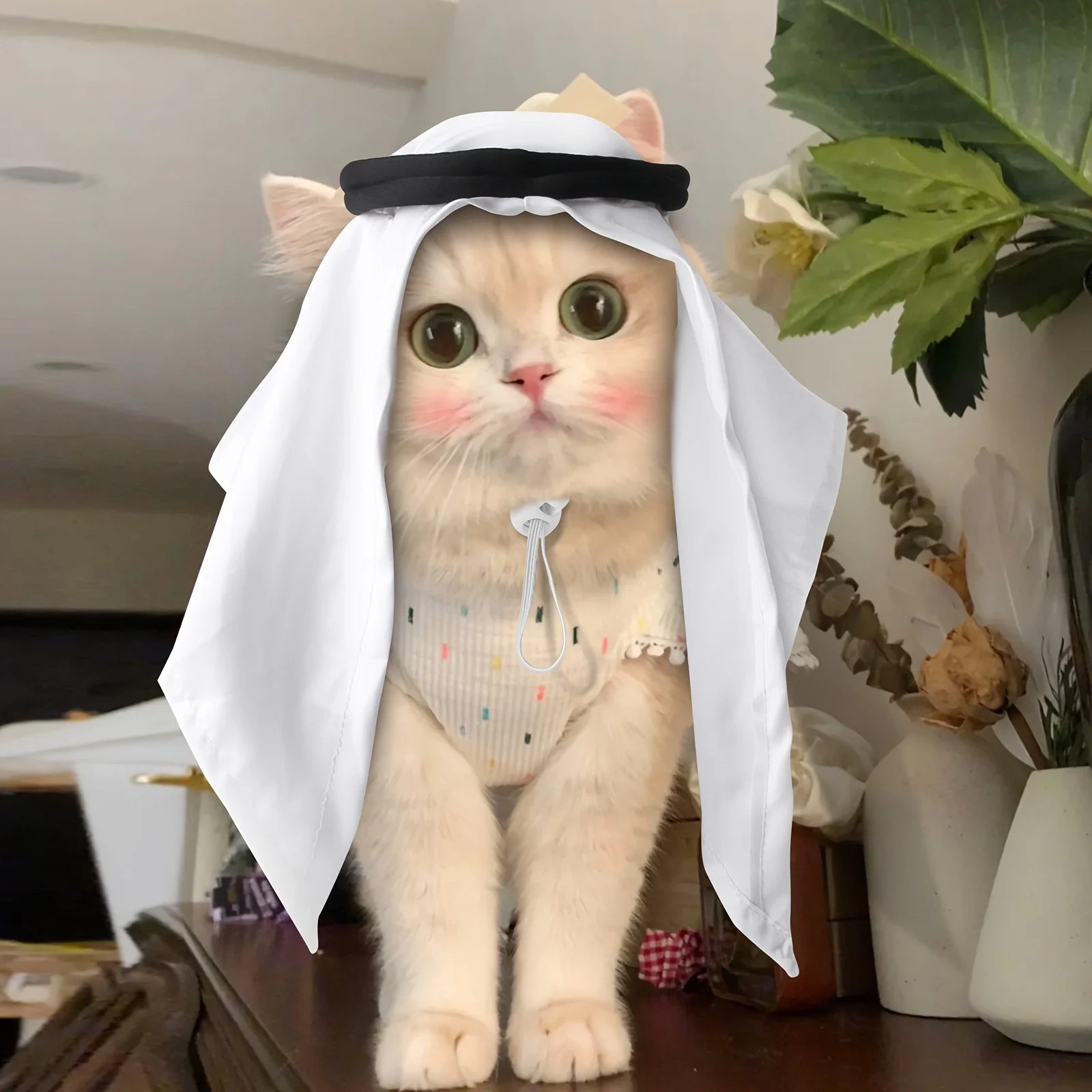 Pet headscarf costume hat for cats and dogs, white cape with black brim