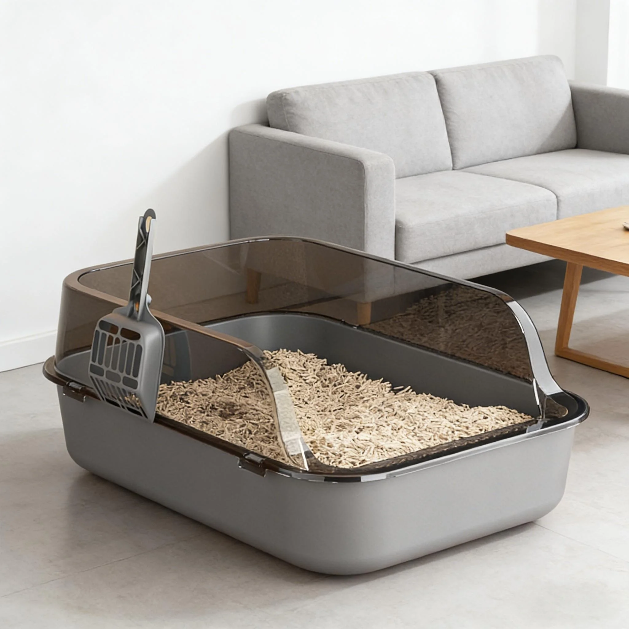 Semi-enclosed cat litter box with scoop, dark gray base and clear entry panel