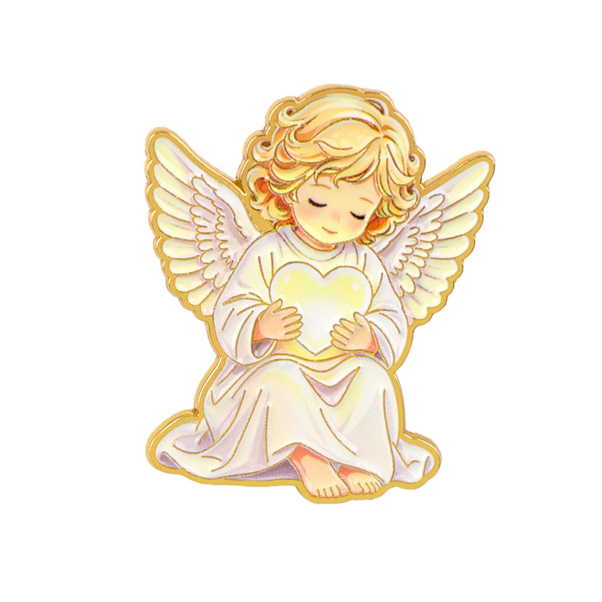 Enamel angel pin with blonde hair, white dress, and wings extended