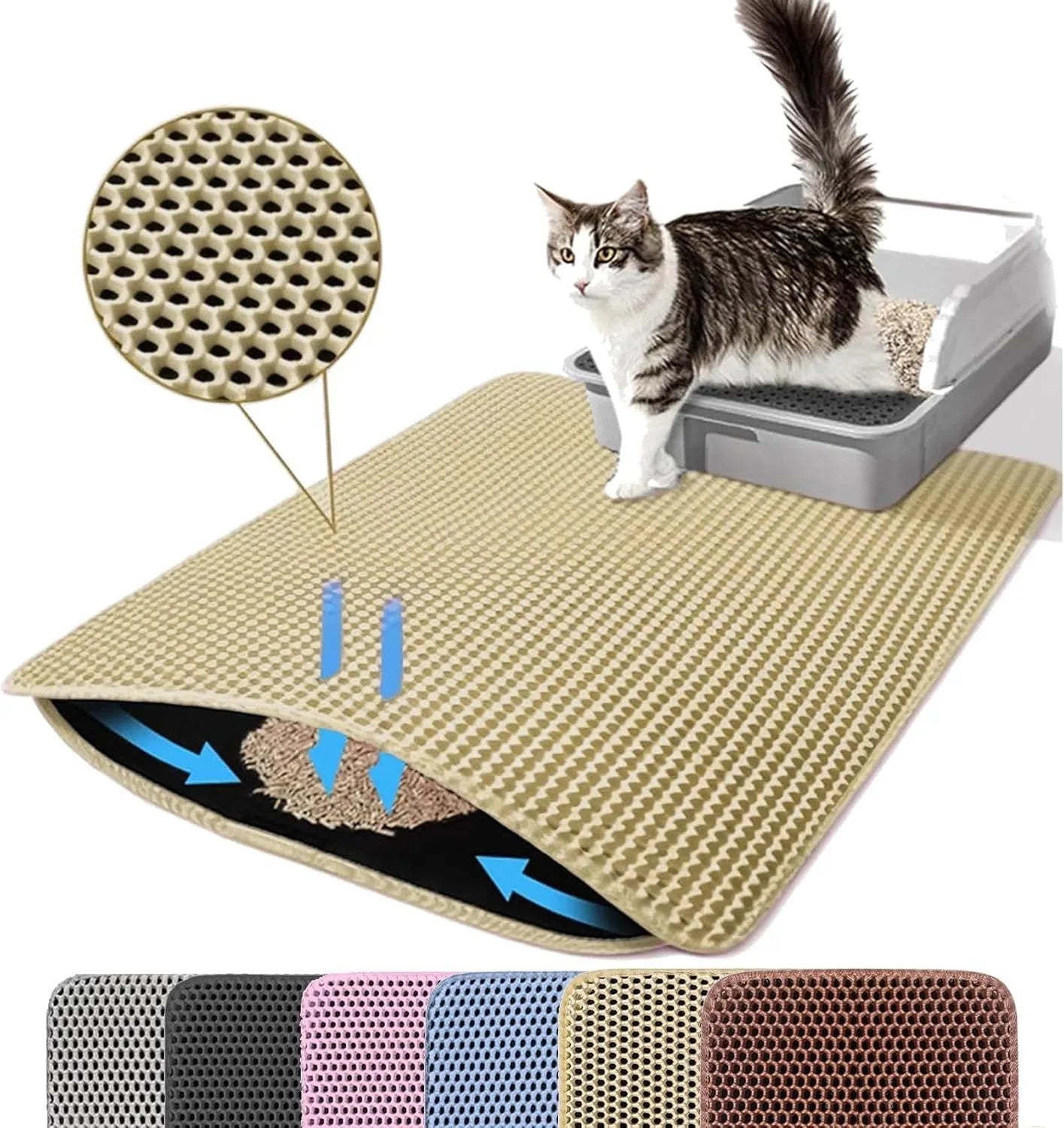 Khaki double-layer cat litter mat with honeycomb texture and non-slip backing.