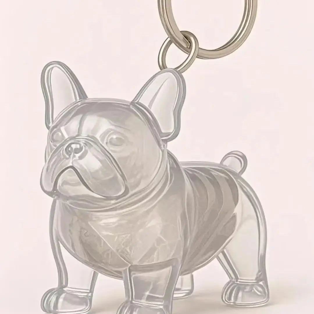 Transparent pet memorial keychain capsule, clear bulldog figure with folded ears and chain