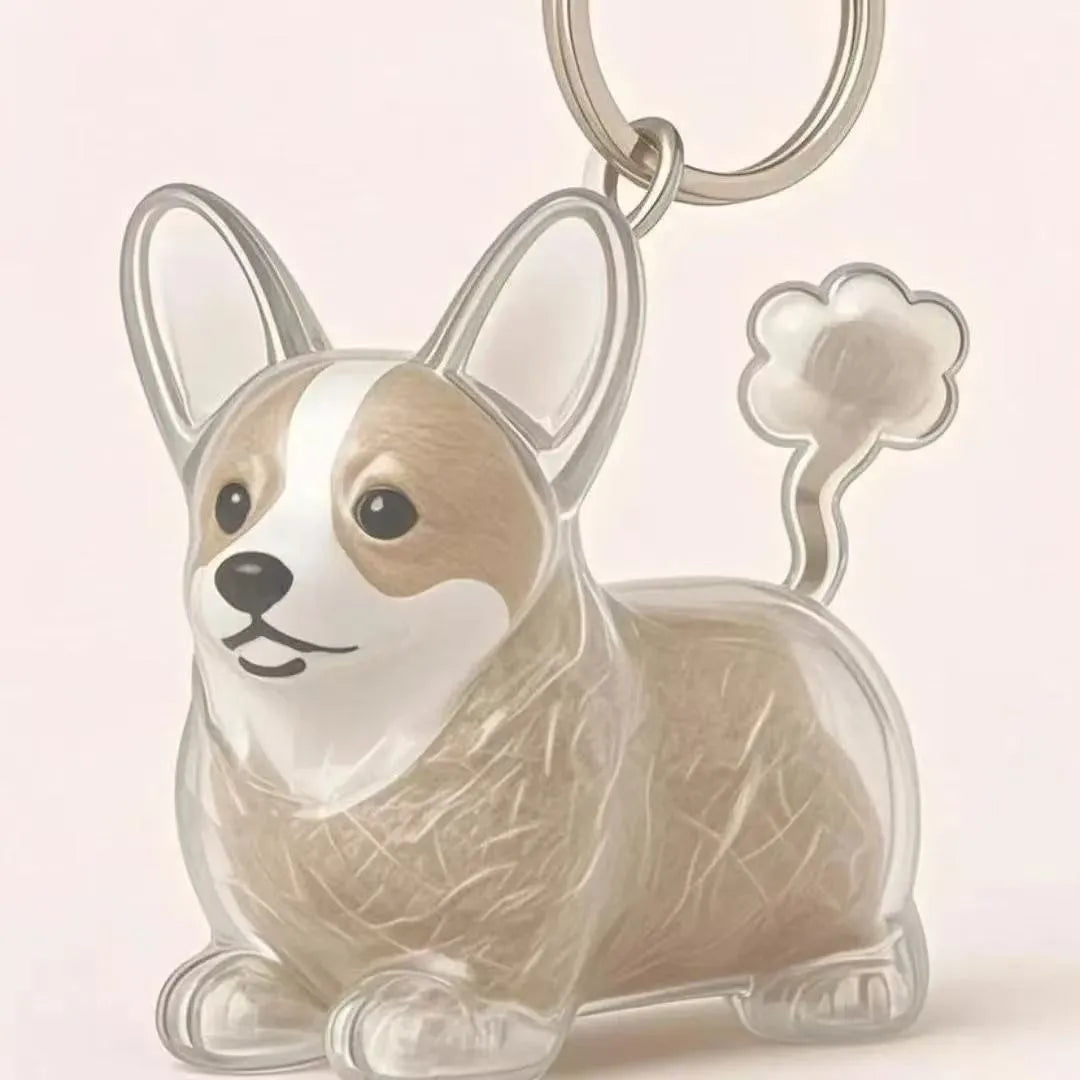 Transparent pet memorial keychain capsule, clear corgi-like dog figure with tan face