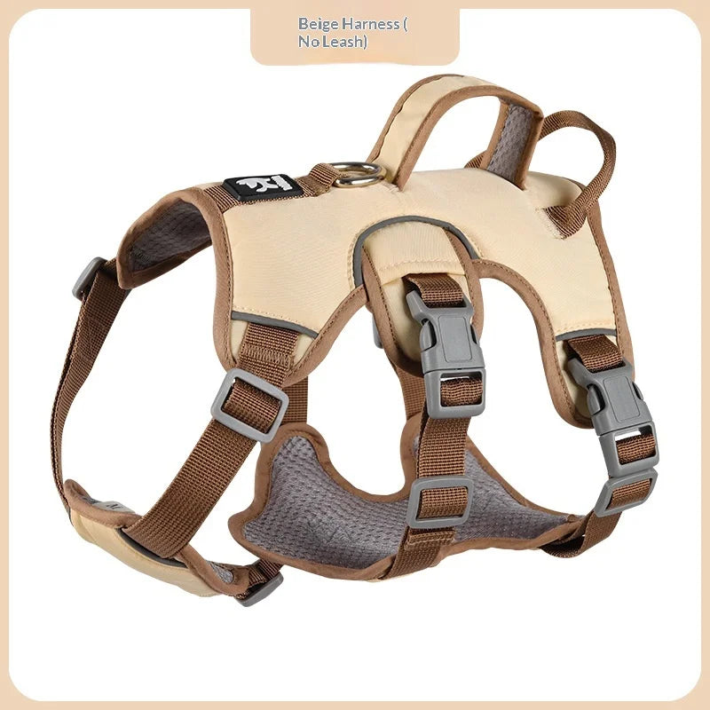 Beige three-section dog harness vest with brown straps and gray buckles