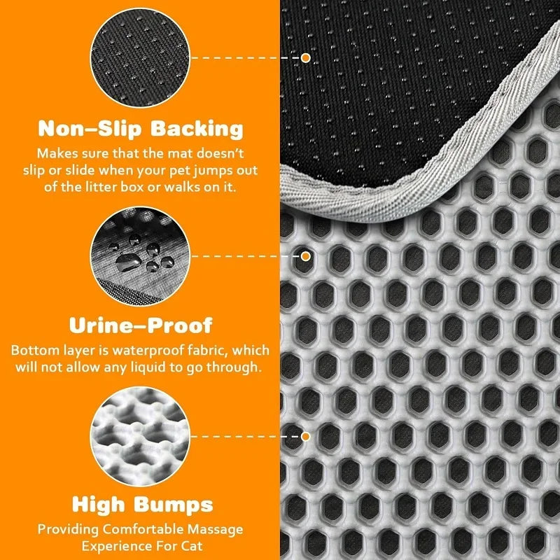 Gray cat litter mat underside with non-slip backing and raised honeycomb pattern