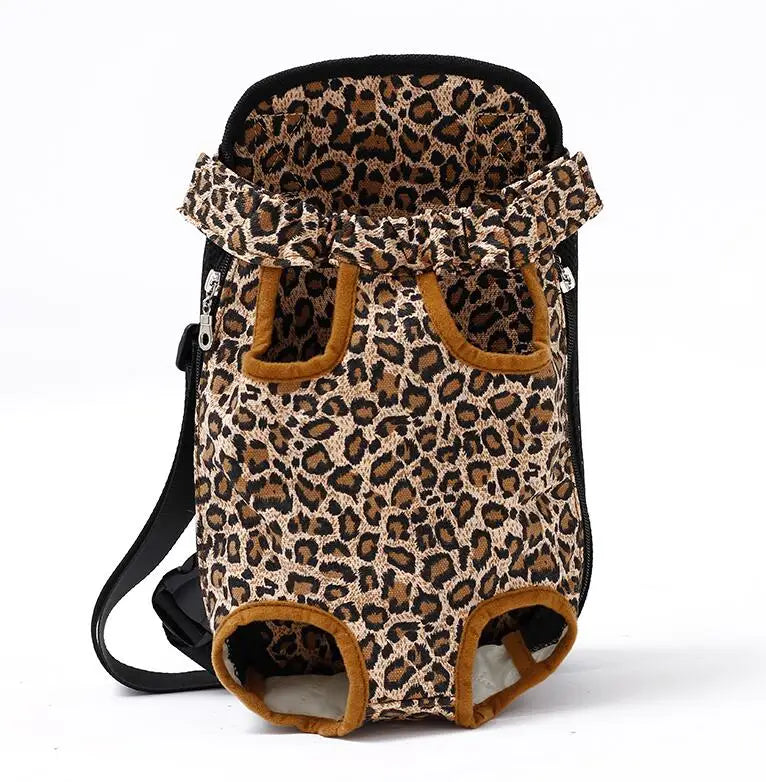 Breathable pet backpack with leopard-print fabric, tan accents, two front paw openings