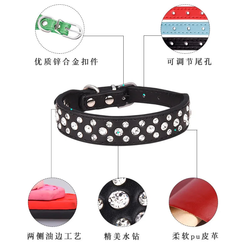 Black PU leather pet collar with rhinestone stud pattern and metal buckle