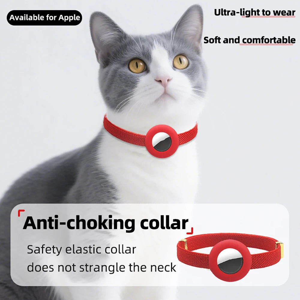 Red breakaway cat collar with round AirTag holder on cat