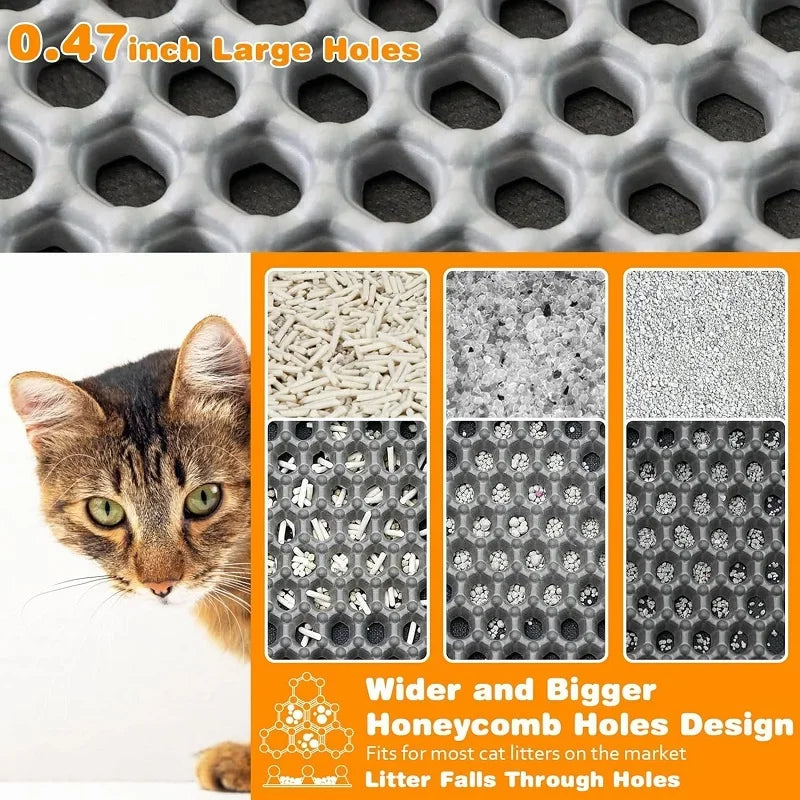 Gray cat litter mat with large honeycomb holes that let litter fall through