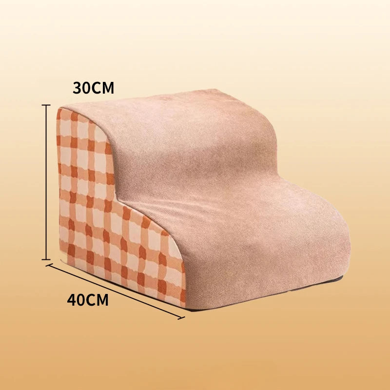 Non-slip foam pet stairs ramp with beige fabric and orange checkered inner panel