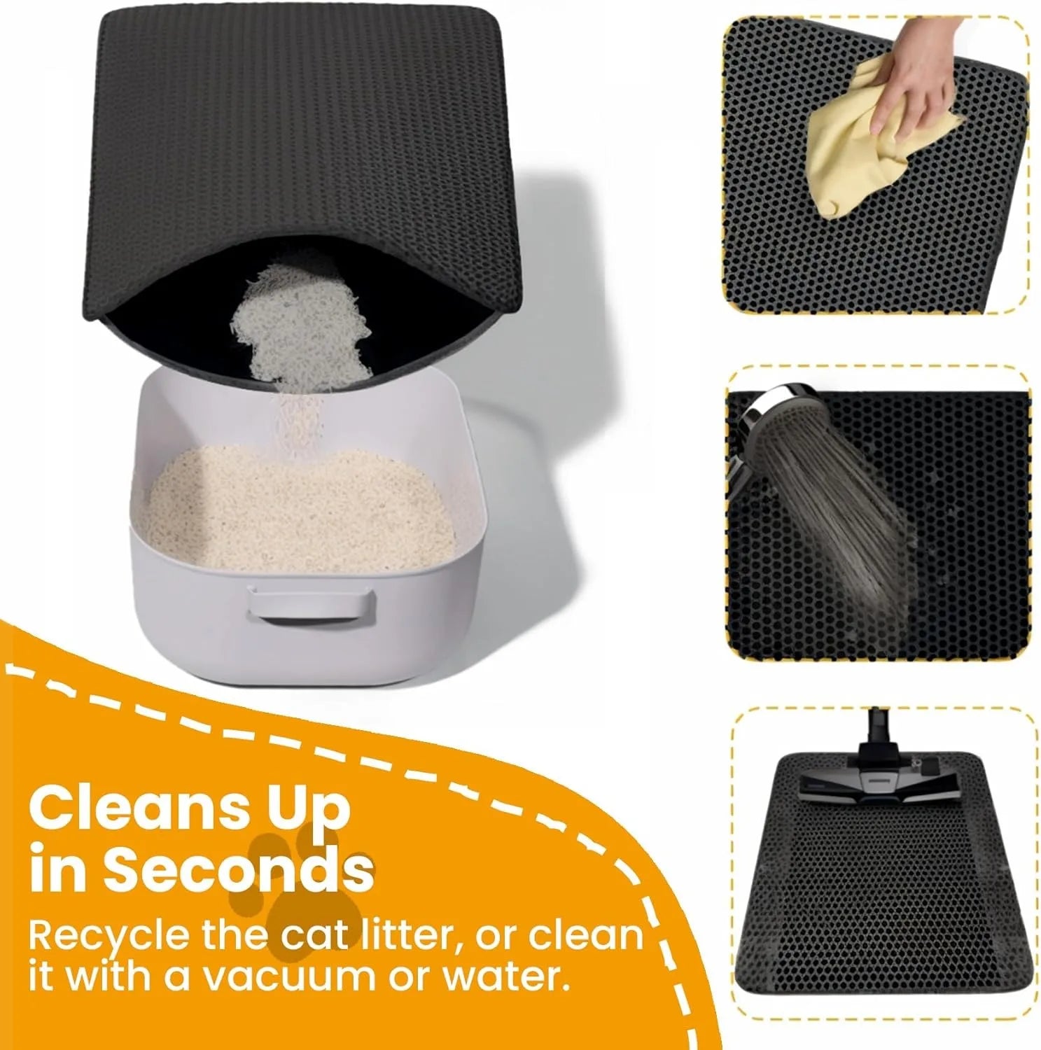 Black cat litter box mat cover with raised honeycomb pattern and curved entrance