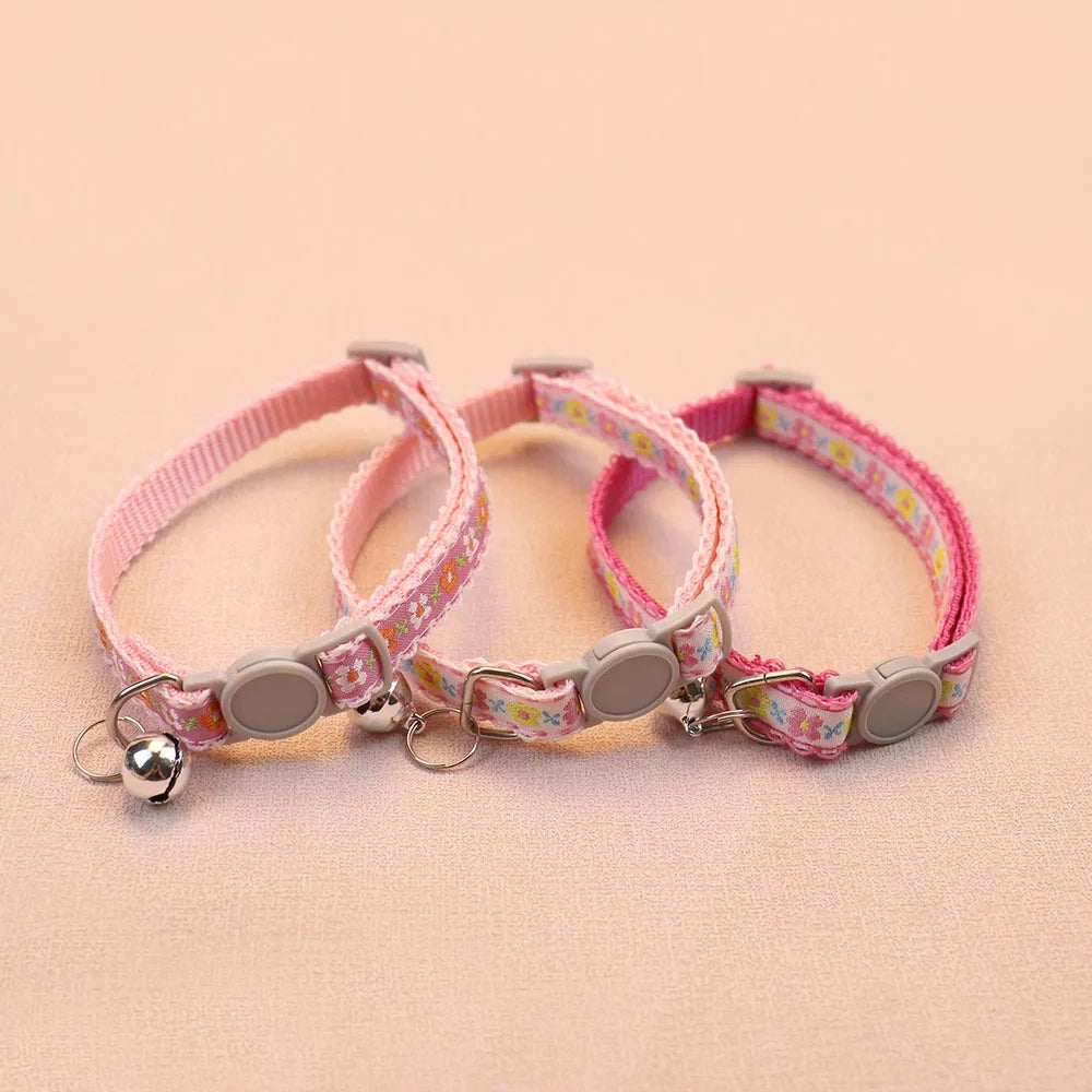 Floral lace cat collar with bell in pink, with gray clasp and hanging bell