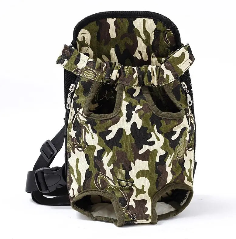 Breathable camouflage pet backpack with mesh front and two leg openings, black straps