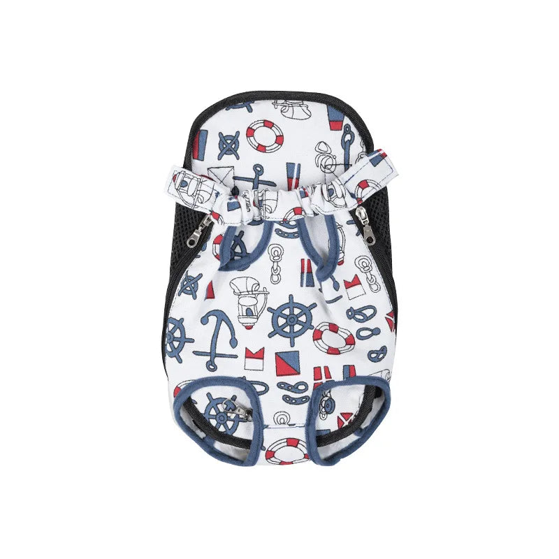 Nautical-print pet backpack with white fabric, navy trim, and front leg openings