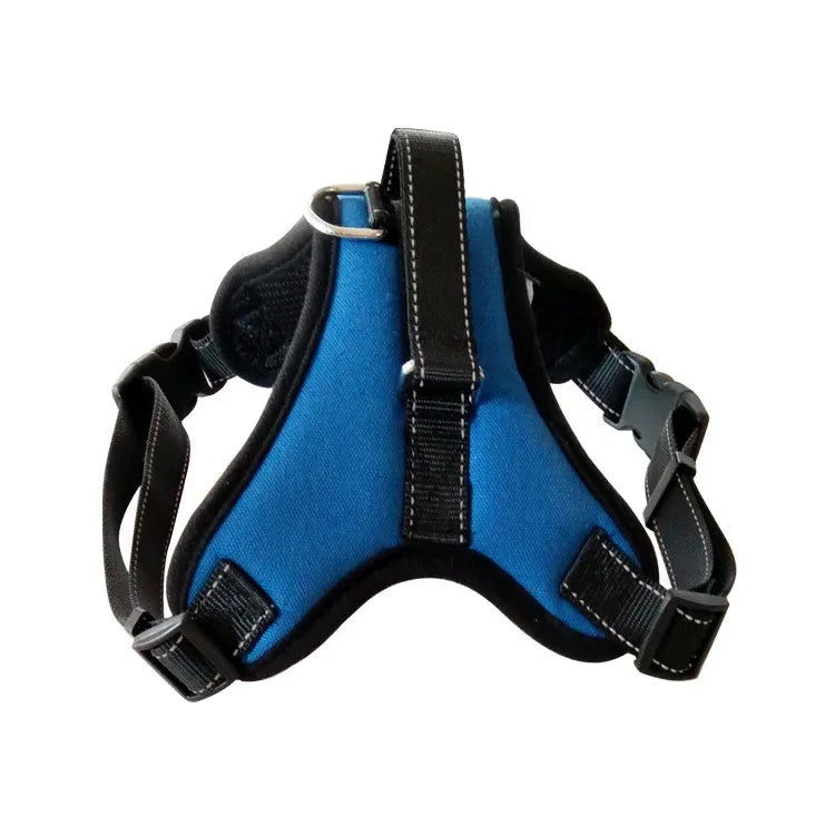 Blue and black dog harness vest with adjustable straps and front D-ring