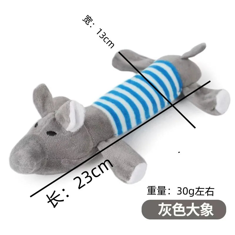 Gray plush squeaky mouse toy with blue striped body and long ears