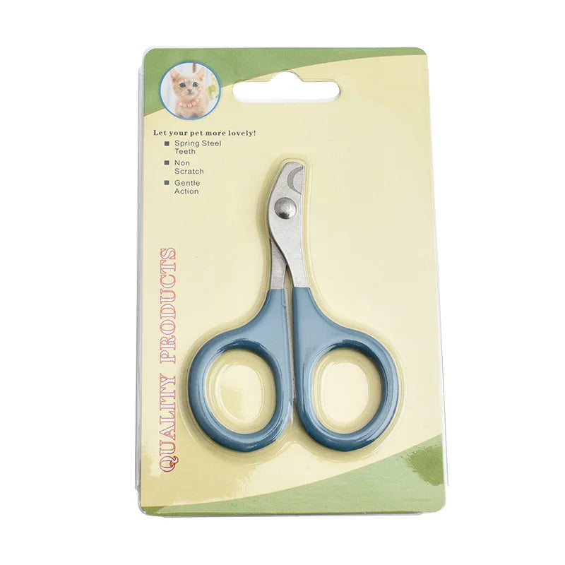 Pet nail grooming scissors with blue handle and silver blades in retail blister pack