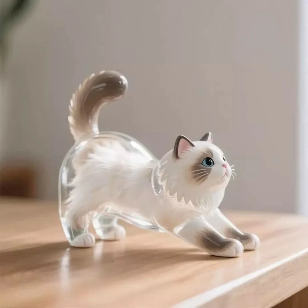Transparent pet hair memorial keychain capsule with white cat figurine and key ring