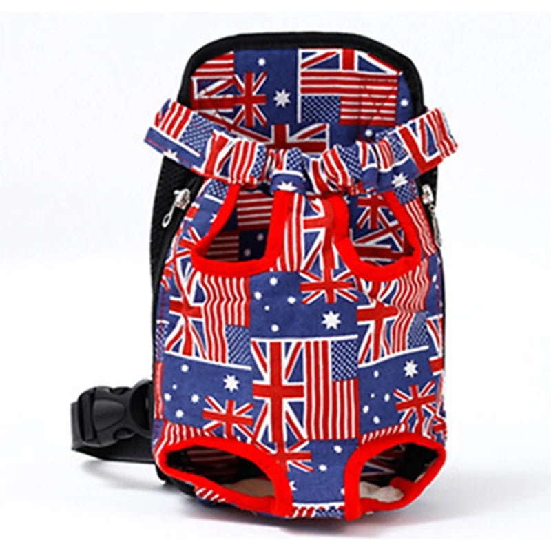 Breathable pet backpack with patriotic flag print, black base, two side paw openings