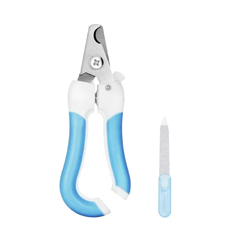 Pet nail clipper with blue grips and white body, with nail file