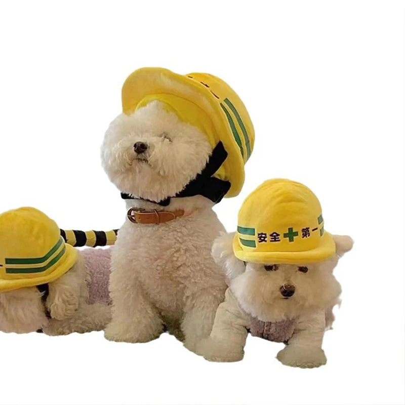 Pet safety helmet hat for dogs and cats, yellow plush with green stripe accents on pets