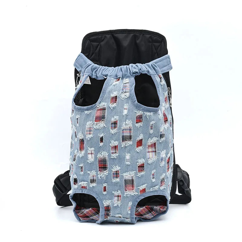 Breathable pet backpack with light blue print fabric, black lower panels, two side openings