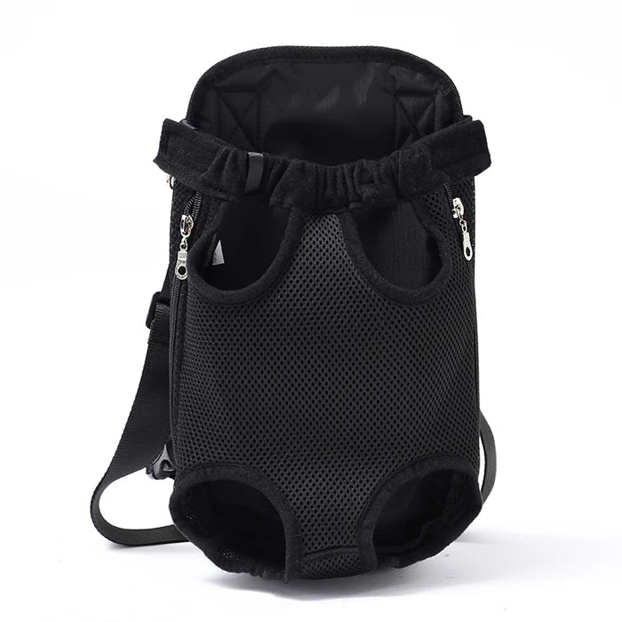 Breathable pet backpack with black mesh front, ruffled opening, adjustable side straps