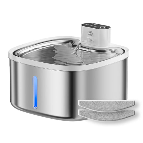 Stainless cat water fountain with top pump and visible inner filter area
