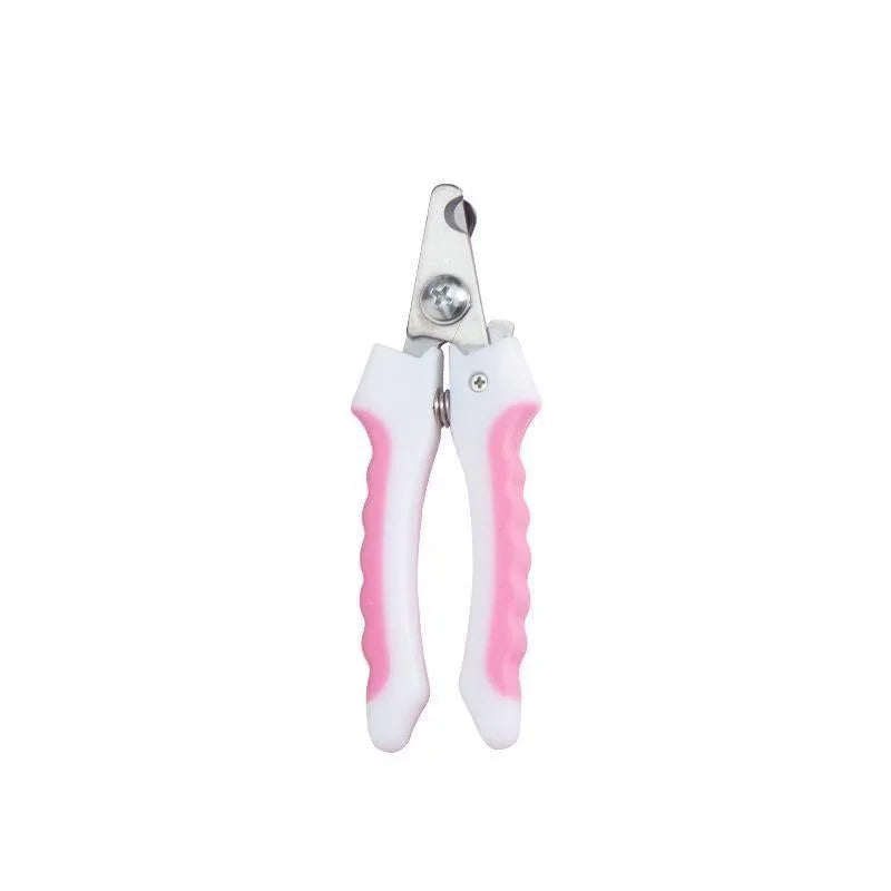 Pet nail clipper with pink non-slip grips and silver cutting blades