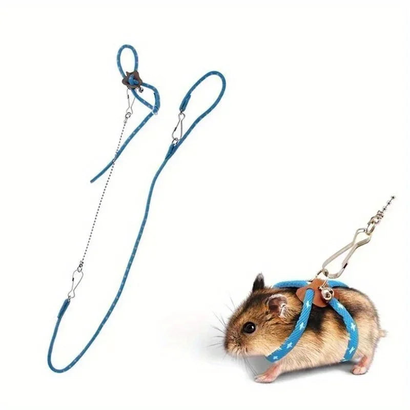 Blue adjustable soft-strap leash with metal chain and clips on small pet