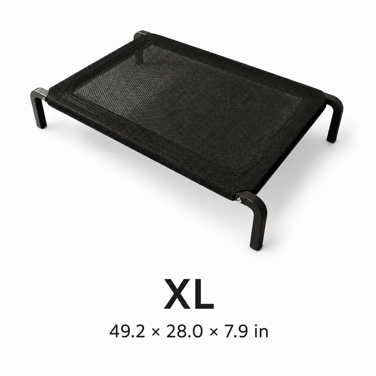 Black elevated dog bed with breathable mesh top and sturdy raised legs