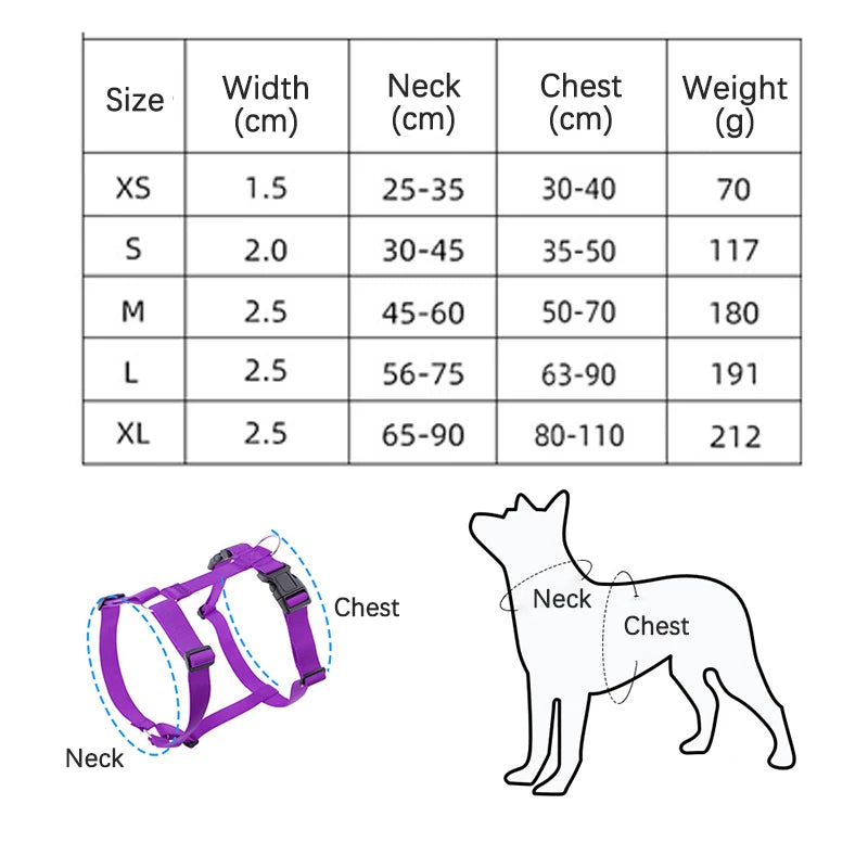 Dog harness size chart with neck and chest measurement diagram