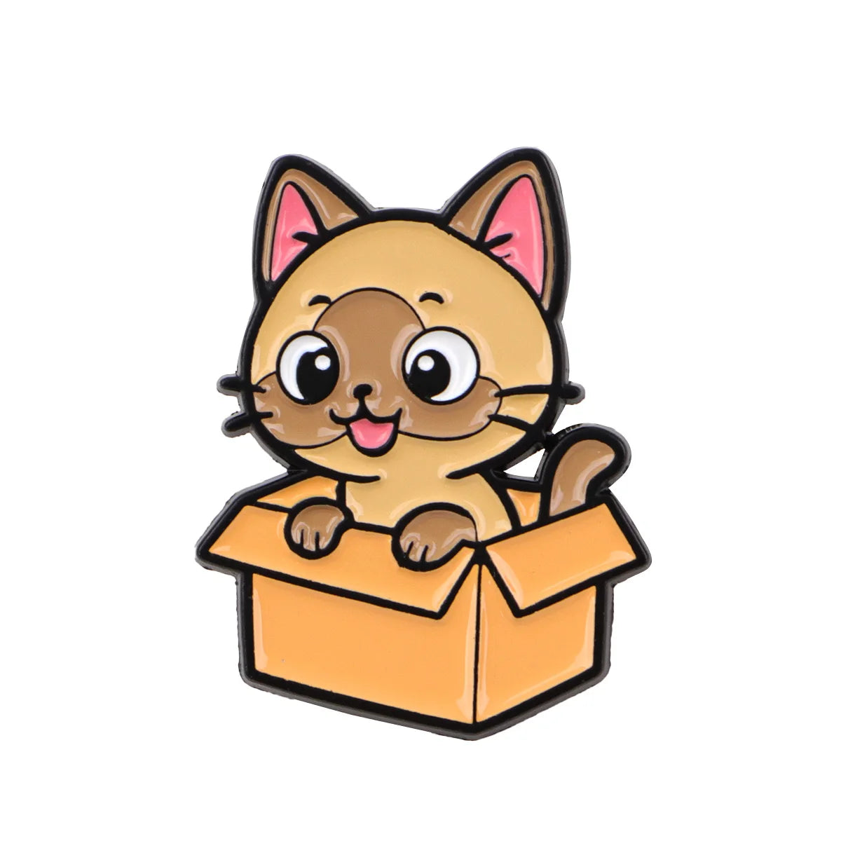 Tan dog enamel lapel pin with pink tongue, sitting in an orange open box