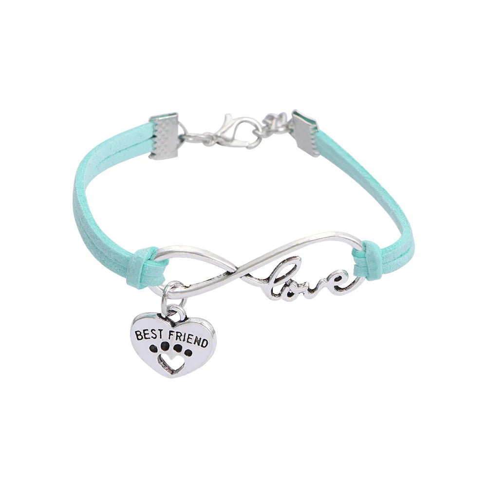 Adjustable teal pet collar with silver heart tag and infinity love charm
