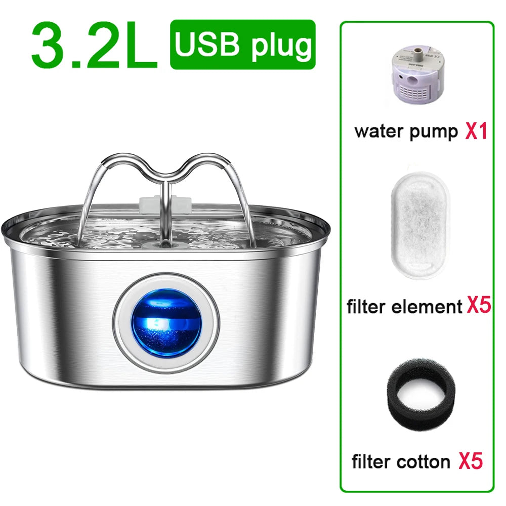 Stainless steel pet water fountain with blue-lit control panel and included filter components