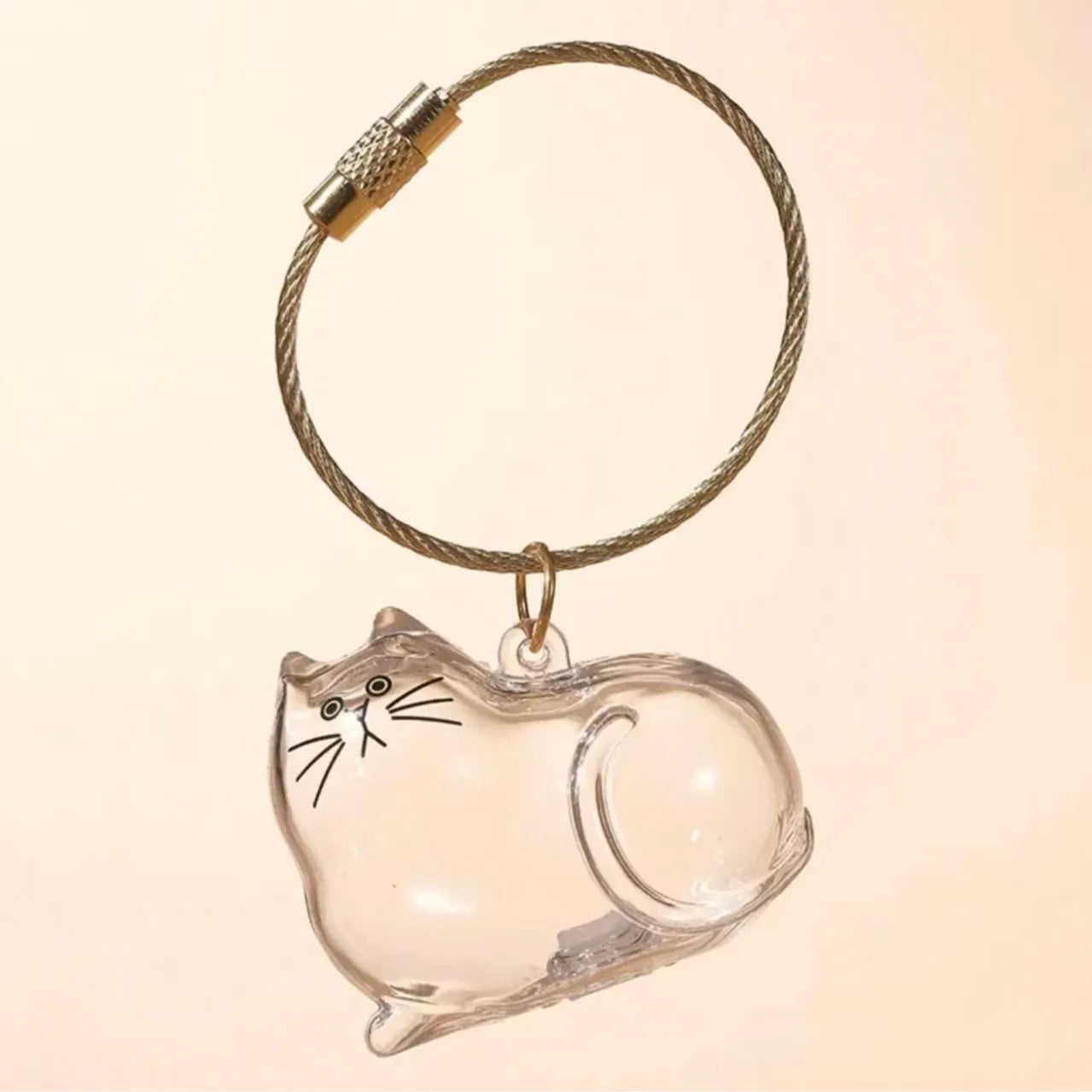 Cat-shaped resin capsule keychain with clear body, metal clasp, and whisker face