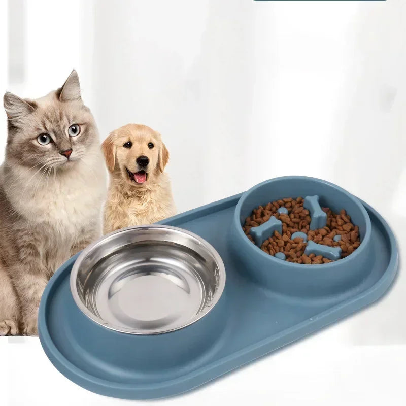 Stainless Steel Dog Double Bowl with Anti-Choking Silicone Mat