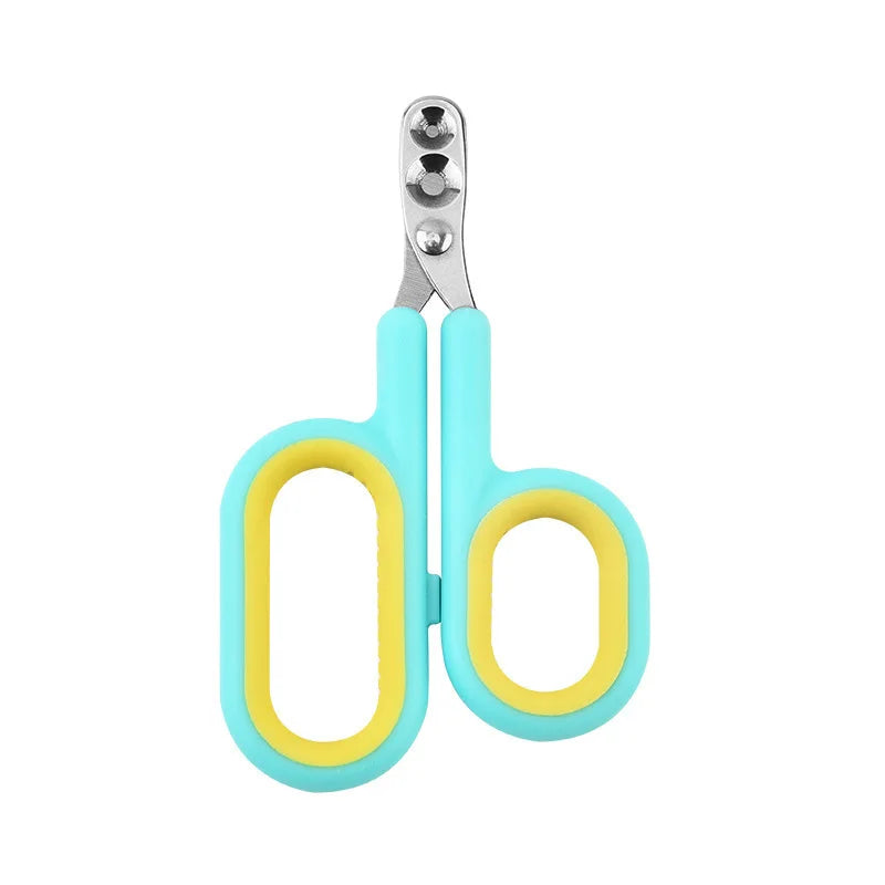 Pet nail clipper with stainless steel blades and teal handle with yellow loop grips