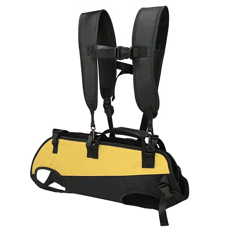Yellow and black dog backpack carrier with padded shoulder straps and front carrying handle