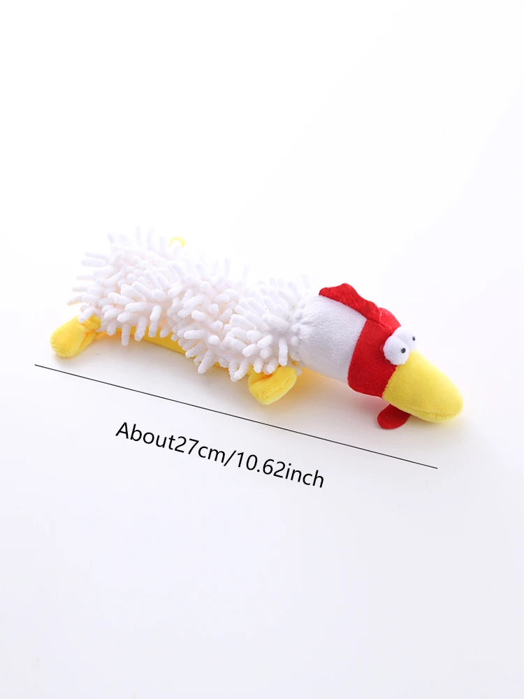 White plush mop dog toy with red stripe beak-like detail and yellow feet