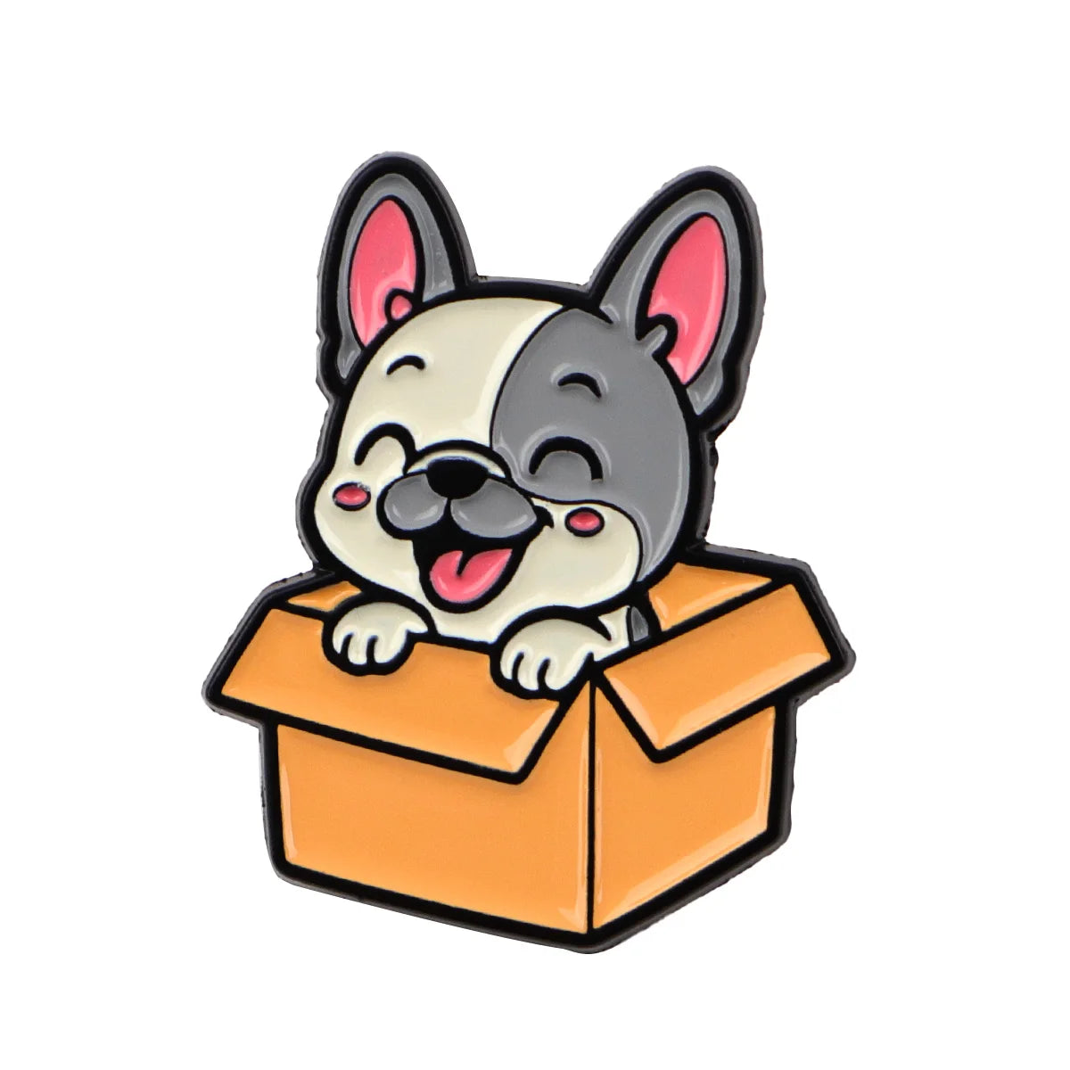 Enamel lapel pin with gray-and-white dog peeking from an orange box