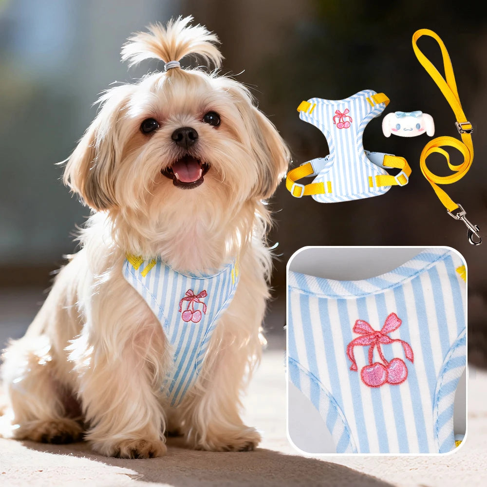 Dog harness and leash set, blue striped with bow and yellow leash strap