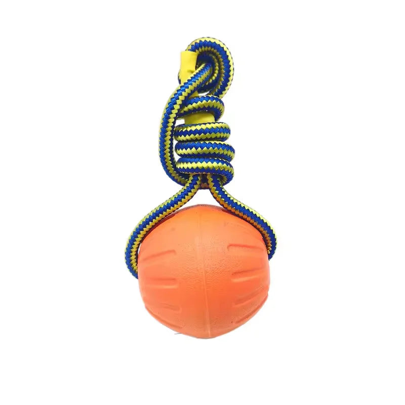 Orange dog chew rope ball toy with yellow-and-blue braided rope loop