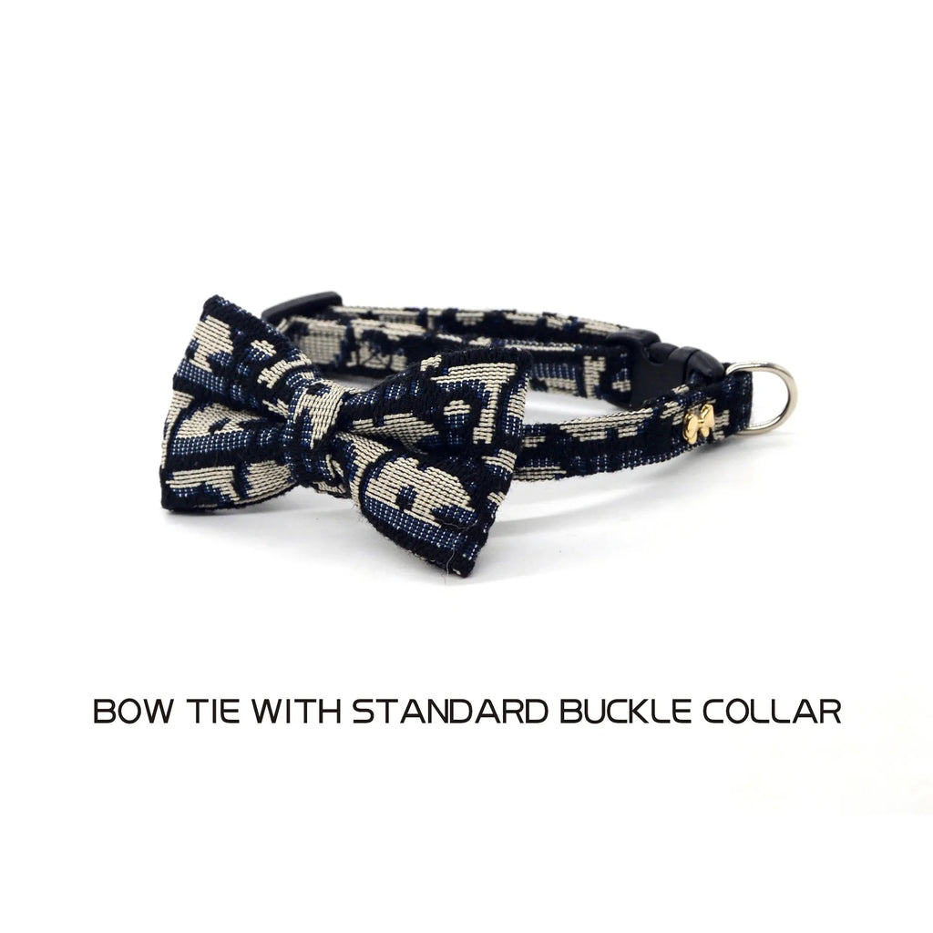 Bow-tie collar with standard buckle and leash, navy and cream patterned fabric