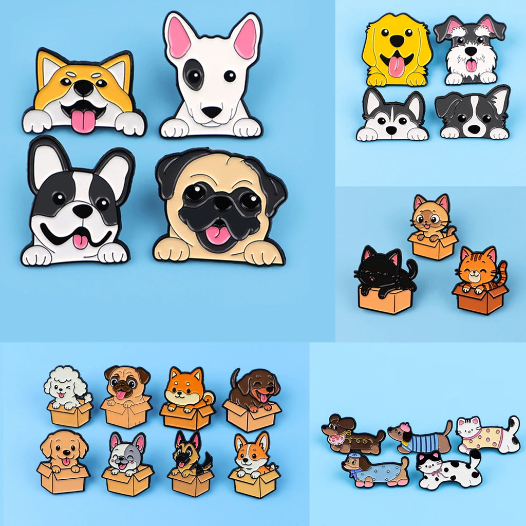 Assorted dog and cat enamel lapel pins in box poses, set of multiple colorful characters