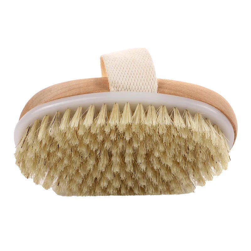 Pet bath brush with wood handle and loop, beige bristles, fabric hanging strap
