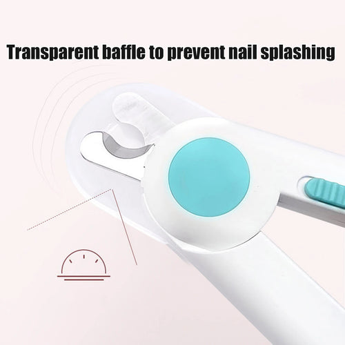 White LED pet nail clipper with transparent guard baffle and teal button